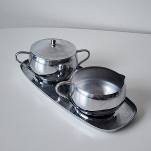 MCM Creamer Sugar Bowl Tray Set Stainless Steel Japan Mid Century Modern Vintage